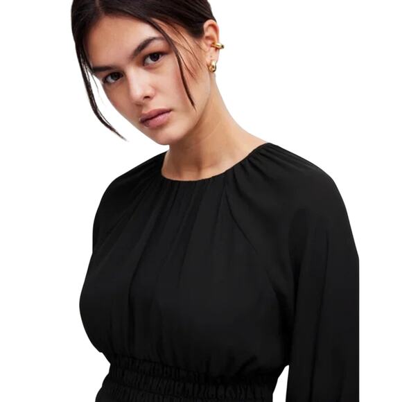 NWT Madewell Black Chiffon Smocked Mini Dress L | Lined Long Sleeve - Picture 5 of 10